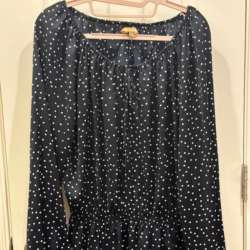 Eleven Tracey Size Medium Black with White Polka dots Long Sleeve Blouse
